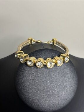 Juicy Couture Gold Crystal Station Bracelet Print Leather Shiny Gold Finish